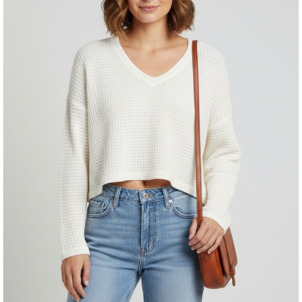 OTHERS FOLLOW Ivory Sheer Crochet Knit Sweater V-NECK Oversized CROPPED Top XS